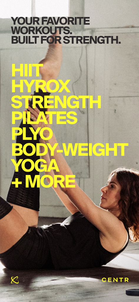 A woman stretching her leg on the floor with a list of available workouts like HIIT, Hyrox, Strength, and Pilates in the Centr app
