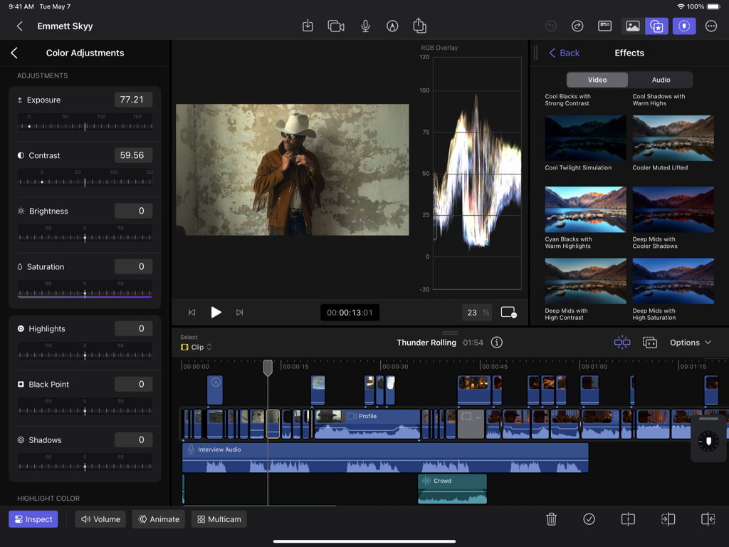 Final Cut Pro for iPad interface showing color adjustment controls and video editing timeline
