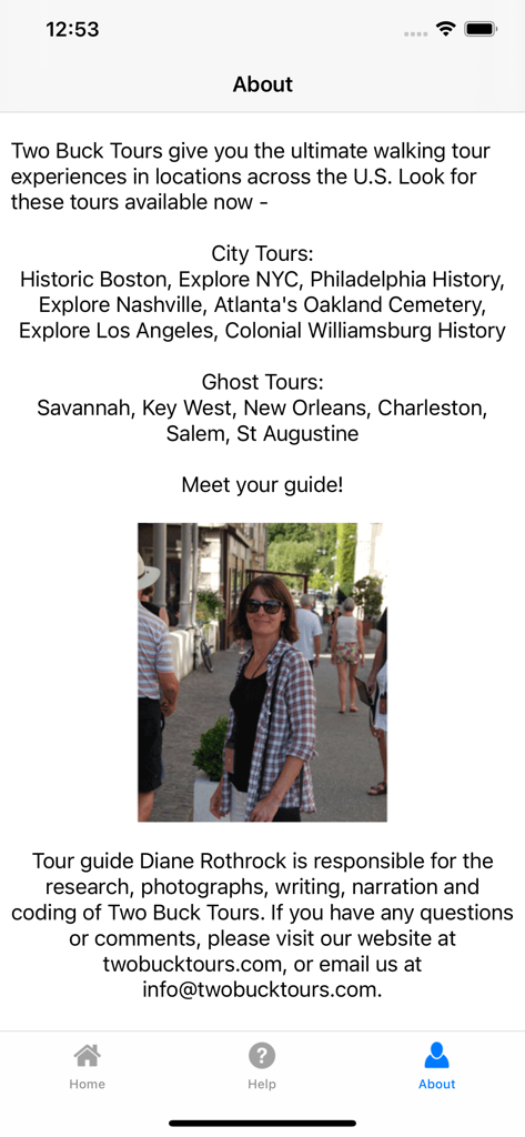 Salem Witches Tour - About page of the Salem Witches Tour app showing tour guide Diane Rothrock and a list of other available tours