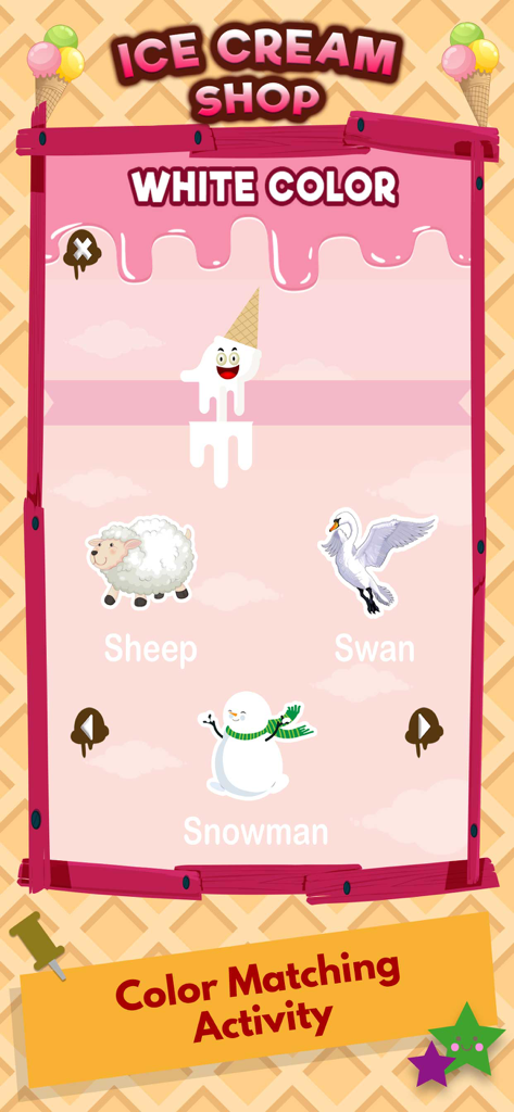 Learning Colors Games For Kids - Educational game screen teaching the color white using images of a sheep swan and snowman.