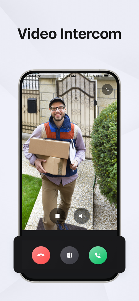 Bildschirm der Guarding Vision App mit einem Live-Video-Gegensprechanruf mit einem Zusteller am Vordertor.