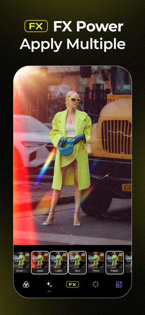 Visual LabX: AI Photo Editor - Visual LabX写真エディターのインターフェース。ポートレートに適用された複数のビンテージおよびライトリークエフェクトを示すFX Power機能。