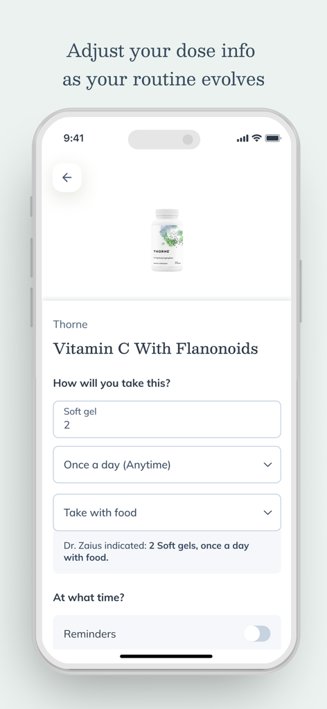 Fullscript app screen for adjusting supplement dosage and setting reminders based on provider guidance.
