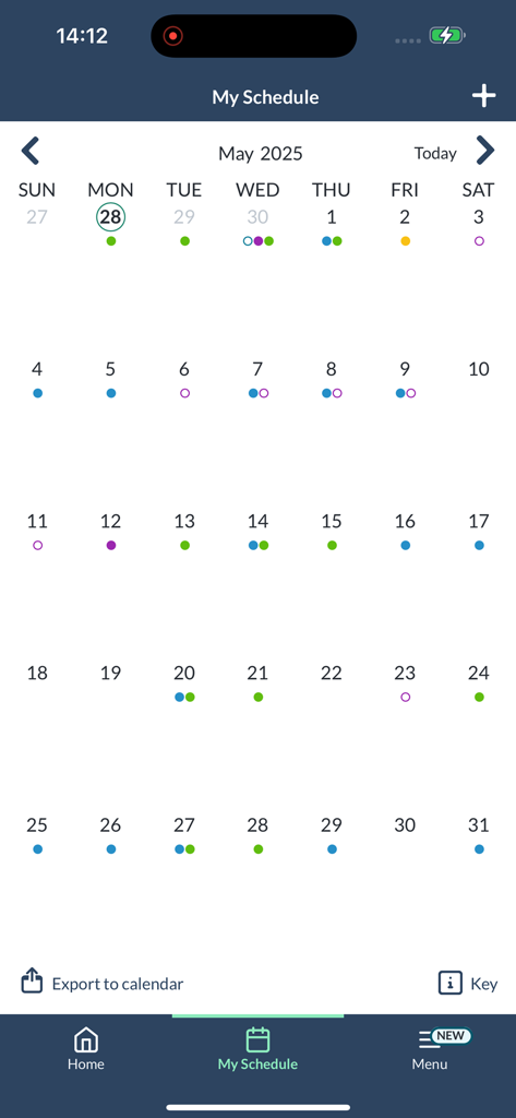 symplr Workforce - Monthly calendar view in the symplr Workforce app showing scheduled shifts for a healthcare professional.