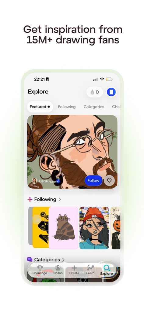 Sketchar: AR Drawing App - 커뮤니티 아트워크와 그림 영감을 보여주는 Sketchar 앱 탐색 화면