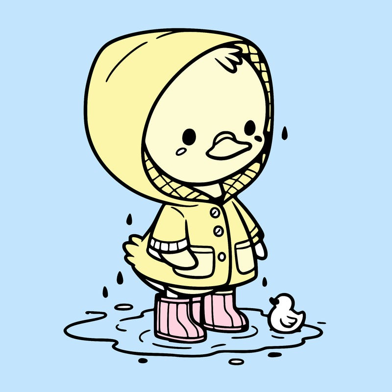 baby duck in a rain coat and boots, in a puddle while it’s raining