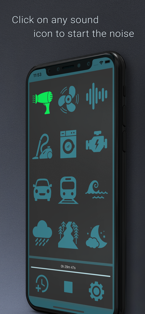 White Noise: Sleep Sounds - Interface de l'application White Noise Sleep Sounds montrant diverses icônes de sons comme sèche-cheveux, ventilateur et sons de la nature