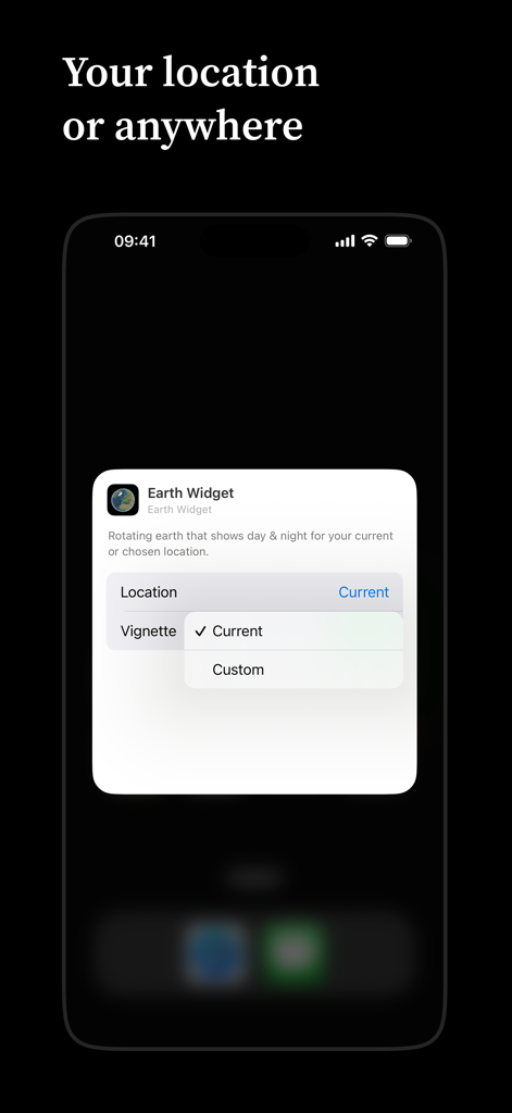 Earth Widget - Smartphone screen showing the location settings for Earth Widget with options for current or custom city