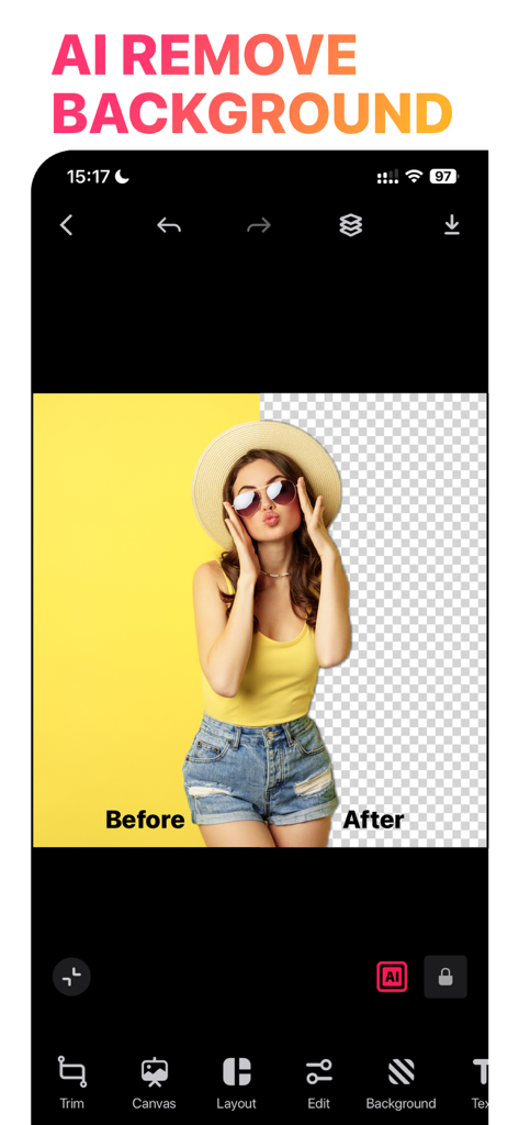 AI background removal feature showing a before and after comparison of a woman in a yellow top