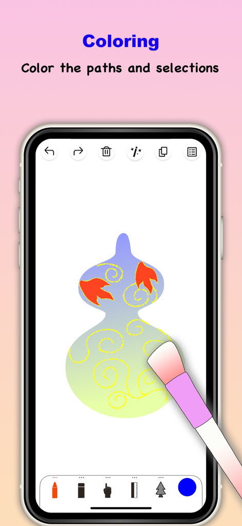 Mobile app interface showing a coloring tool used to fill a gourd-shaped drawing with gradient colors and patterns