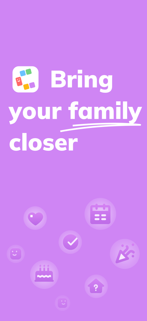 Cubbily: Family Calendar - Écran de démarrage de l'application Calendrier Familial Cubbily avec le texte Rapprochez votre famille et des icônes pour les agendas, les tâches et les étapes importantes