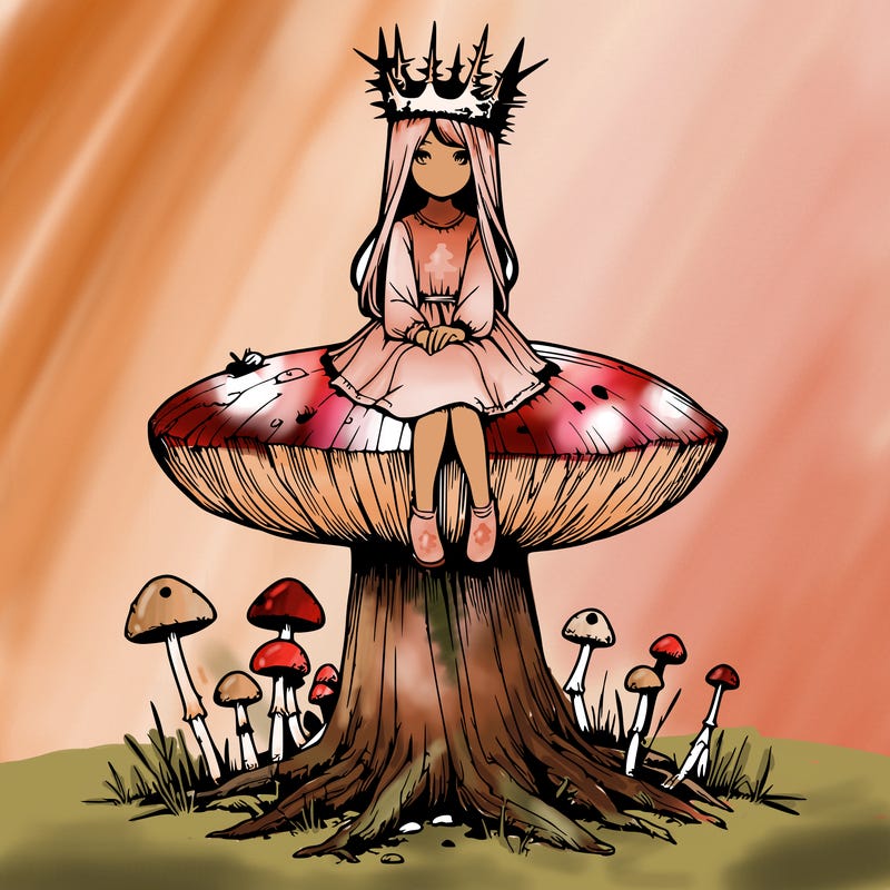 realistic girl sitting on a huge tree stump size toadstool with thorn crown