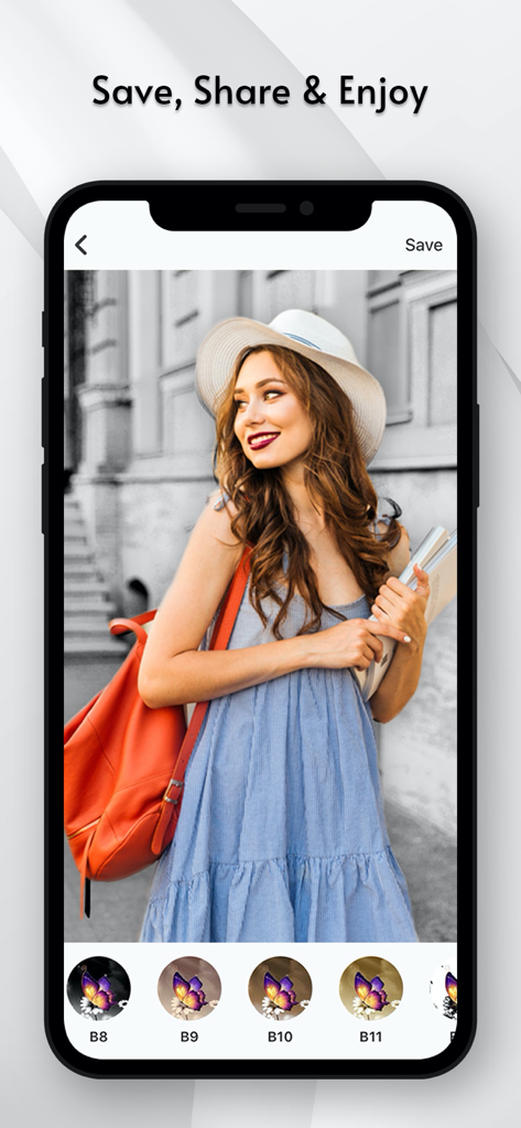 Color Pop - Photo Editor - Mobile app interface of Color Pop showing a selective color photo edit of a woman with a blue dress and red bag