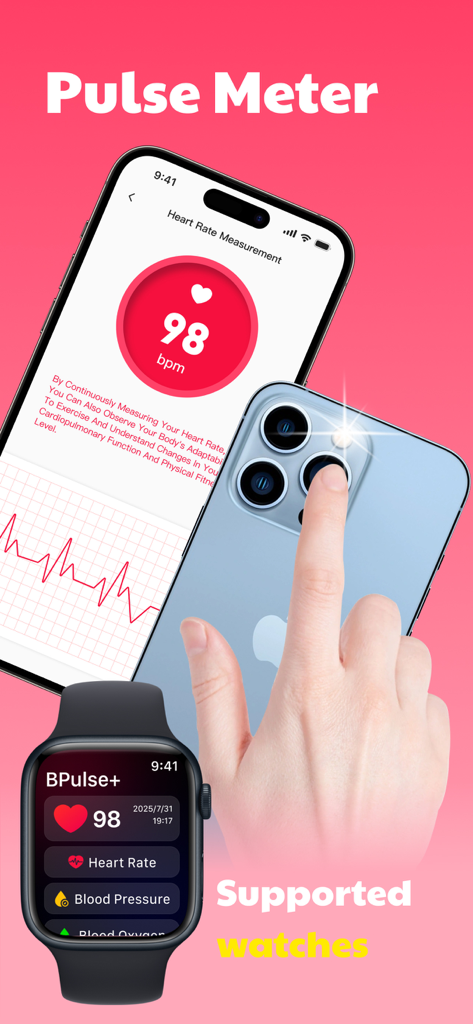 iCardial app heart rate measurement on iPhone using PPG sensor and synced Apple Watch.