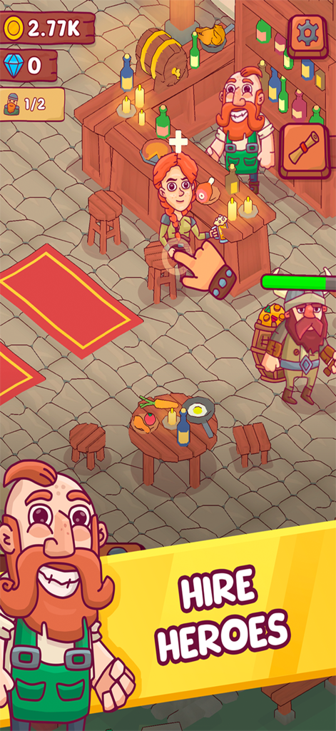 Heroes Tavern: Idle Pub Tycoon - Interior of a fantasy tavern with a bartender and a Hire Heroes banner in the mobile game Heroes Tavern