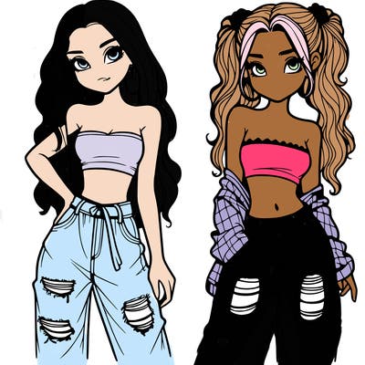2 girls in crop tops and baggy jeans ripped
