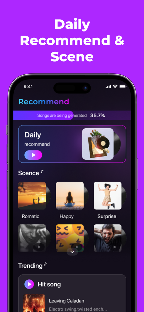 AI Music Generator AI Songs - AI Music Generator app interface showing daily recommendations and music categorized by moods like romantic and happy