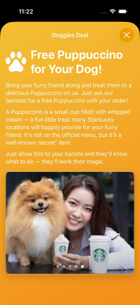 Coupons for Starbucks app screen showing a free Puppuccino deal for dogs.