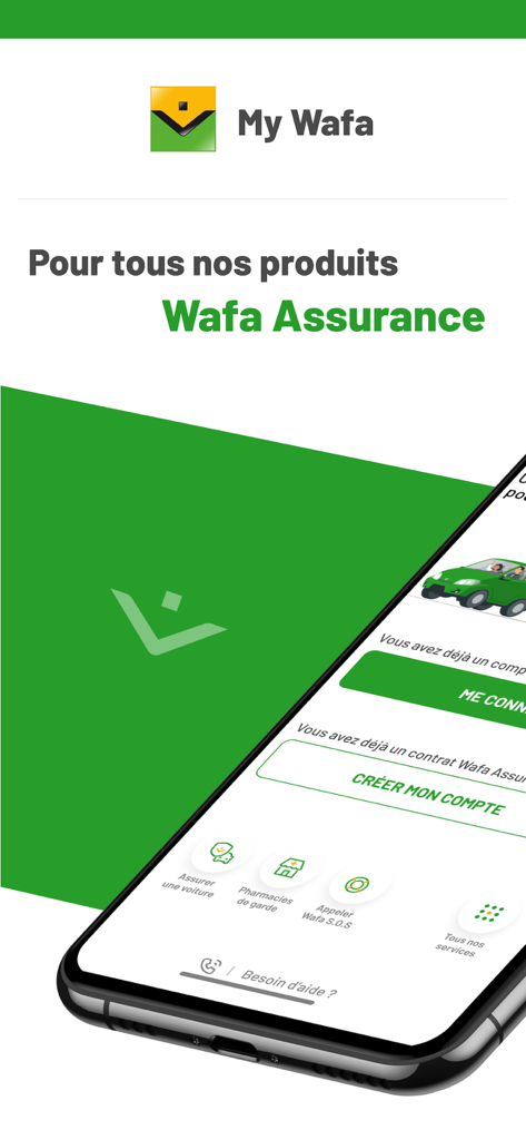 My Wafa insurance app home screen on a smartphone showing login options and service icons