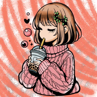 manga girl drinking boba in cozy sweater