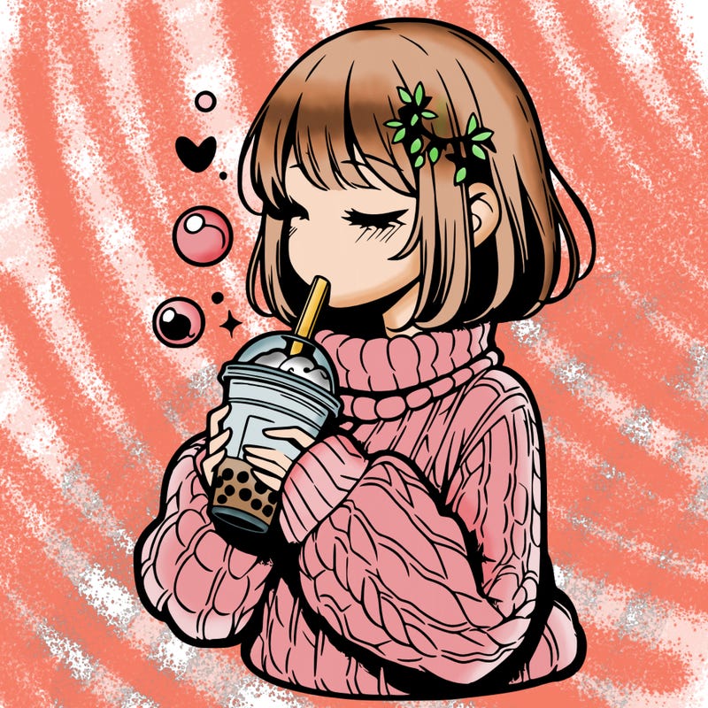 manga girl drinking boba in cozy sweater