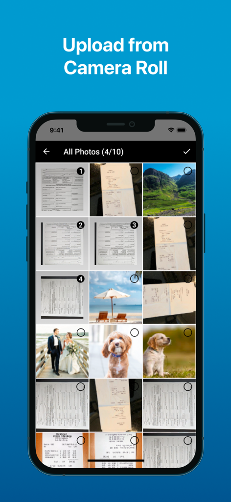 Flores Mobile app screen displaying selection of receipt photos from camera roll for claim submission