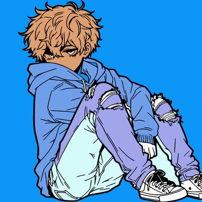 a male hoddie ripped jeans messy hair anime