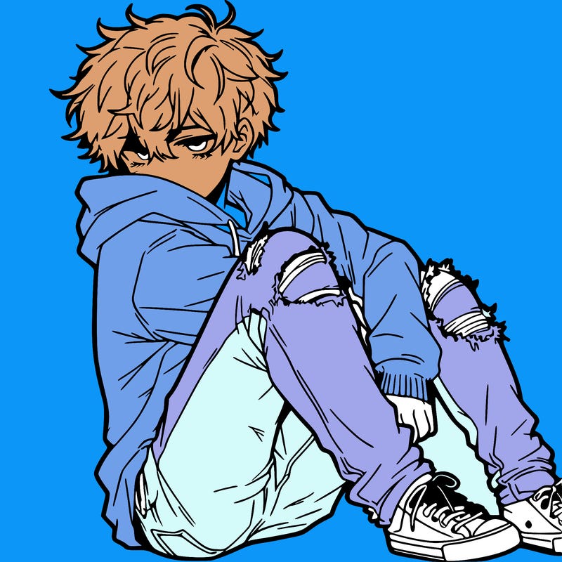 a male hoddie ripped jeans messy hair anime