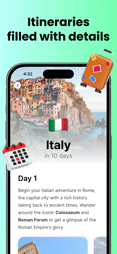 Schermata di un'app mobile per Tripbook che mostra un itinerario di viaggio dettagliato di 10 giorni per l'Italia.
