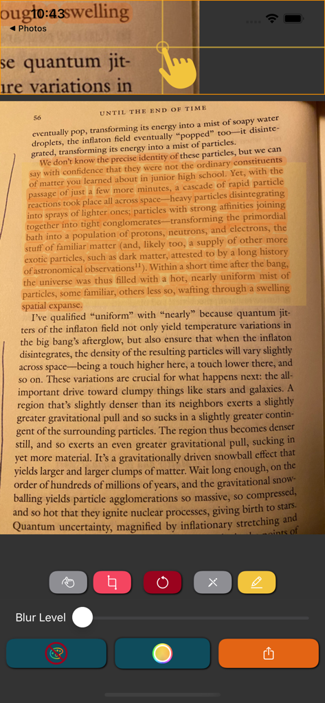 CiteLighter - Interface of the CiteLighter app showing a highlighted paragraph on a book page and editing tools