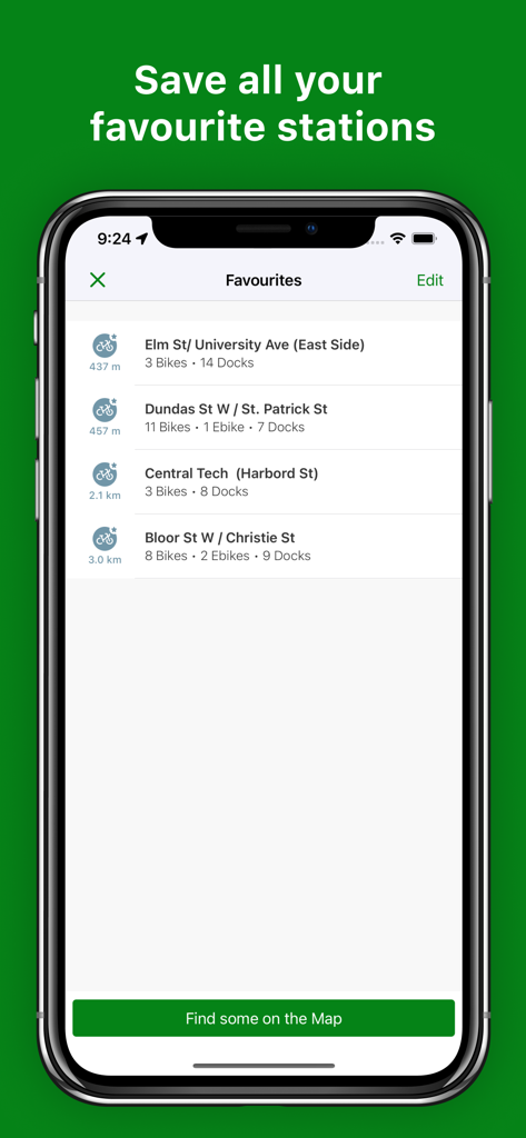 A list of favorite bike stations in the Bike Share Toronto app showing real-time availability of bikes and docks.