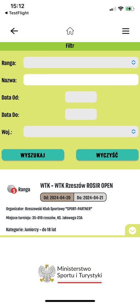 PZT - Search filter and tournament listing in the PZT Polish Tennis Association app