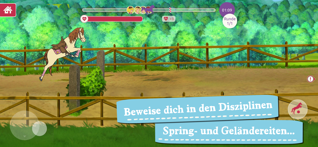 Un cavallo a cartoni animati che salta un ostacolo in una competizione di torneo durante il gioco