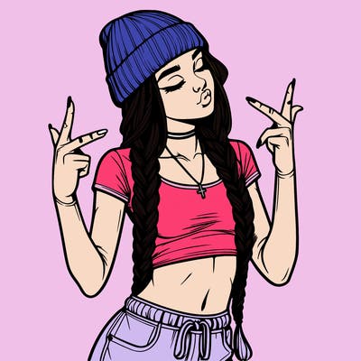 realistic teenage girl with braids and a beanie and crop top doing 🫶🏼