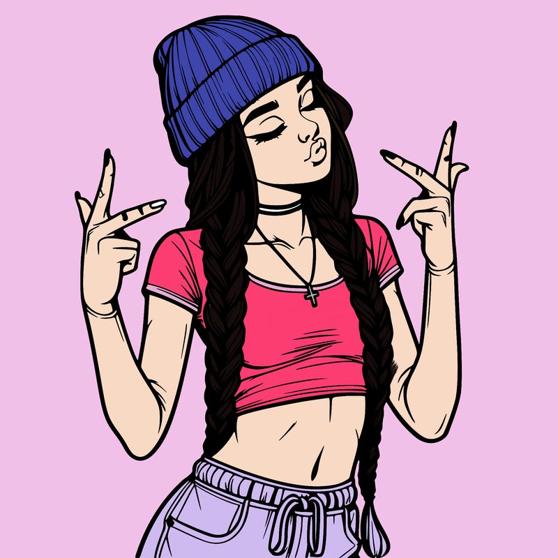 realistic teenage girl with braids and a beanie and crop top doing 🫶🏼