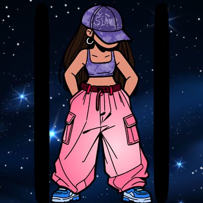 a girl with baggy pants and a crop top