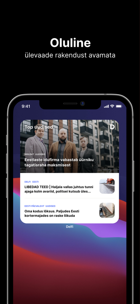 Delfi EE - Delfi EE news widget displaying top Estonian headlines on a smartphone screen.