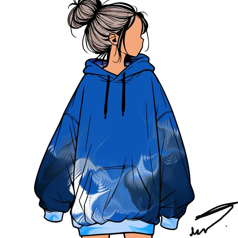 realistic girl with a oversized sweatshirt on and a bun