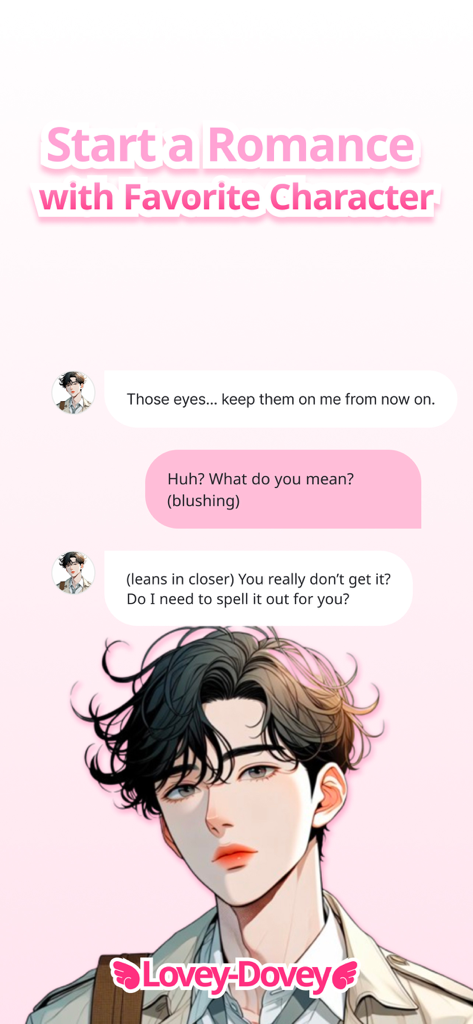 A romantic AI chat interface from the LoveyDovey app featuring an anime-style character and flirting dialogue