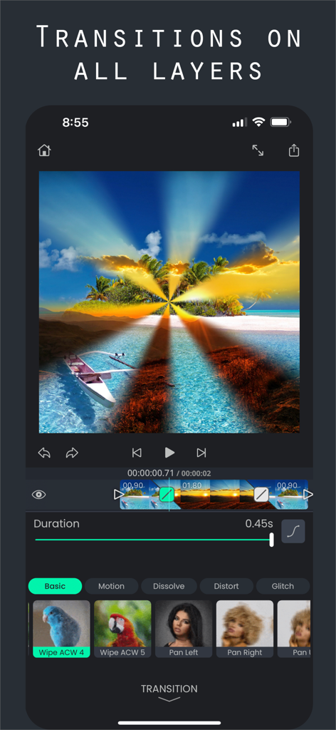 Superimpose V - Video Editor - Superimpose V video editor interface showing transitions on multiple tracks.