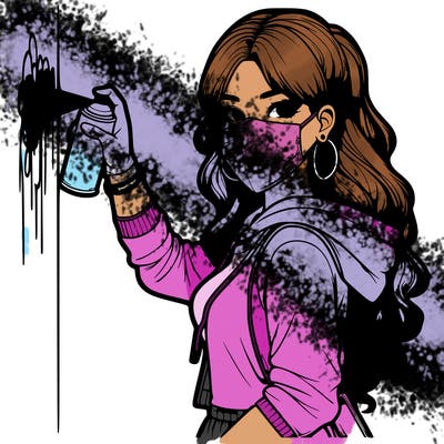 realistic girl with mask spray painting a wall