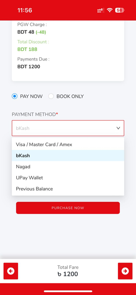 BDTICKETS - Payment method selection screen in the BDTICKETS app showing options for bKash Nagad and credit cards