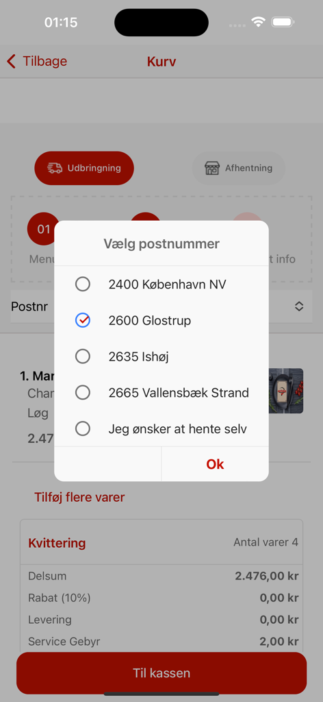 EatOnline mobile app checkout screen with a zip code selection popup for food delivery.