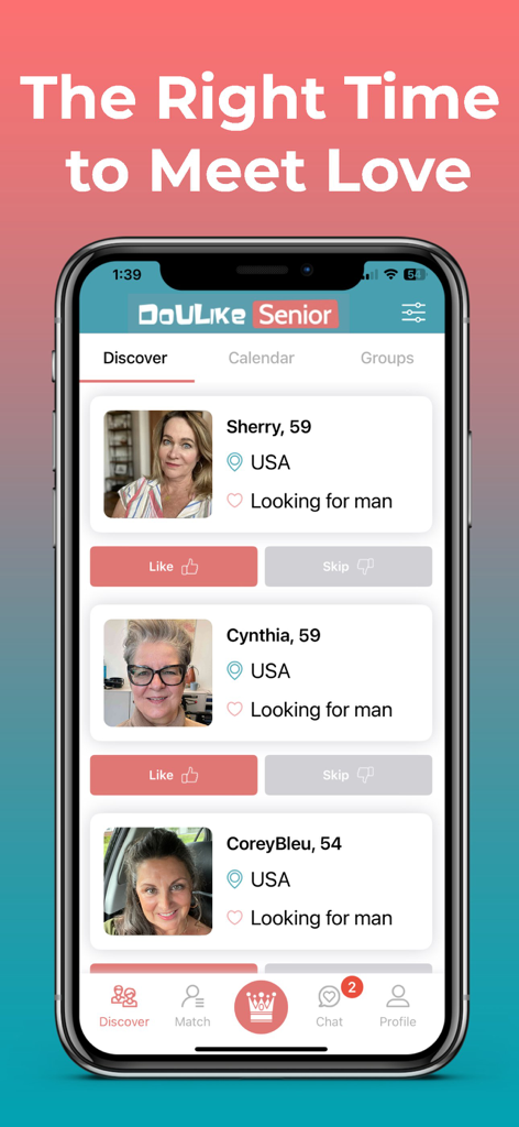 Senior Dating - DoULikeSenior - Smartphone screen showing the discover feed of the DoULikeSenior dating app with senior profile cards and like buttons