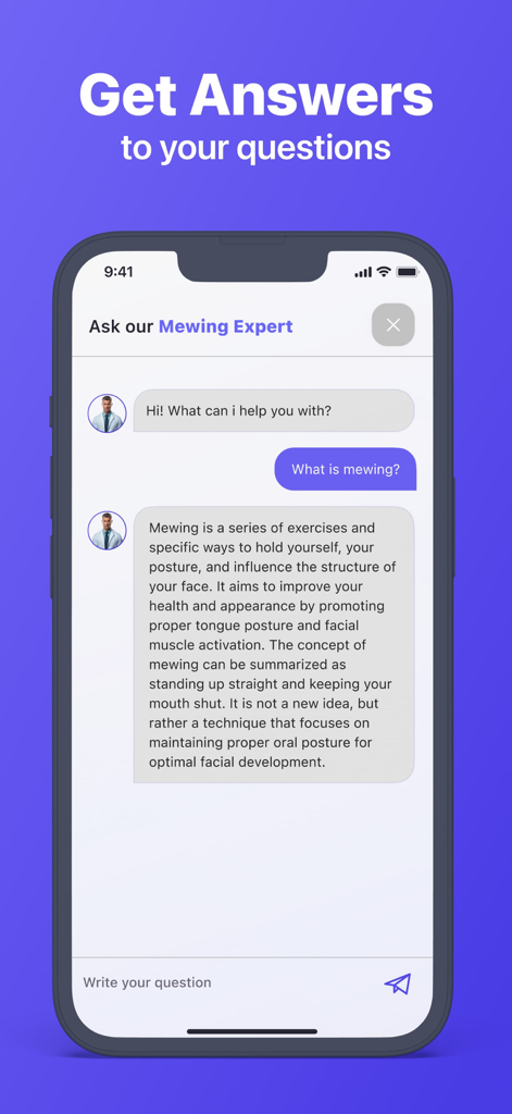 A mobile phone screen showing a chat with an expert explaining the mewing technique for facial development.