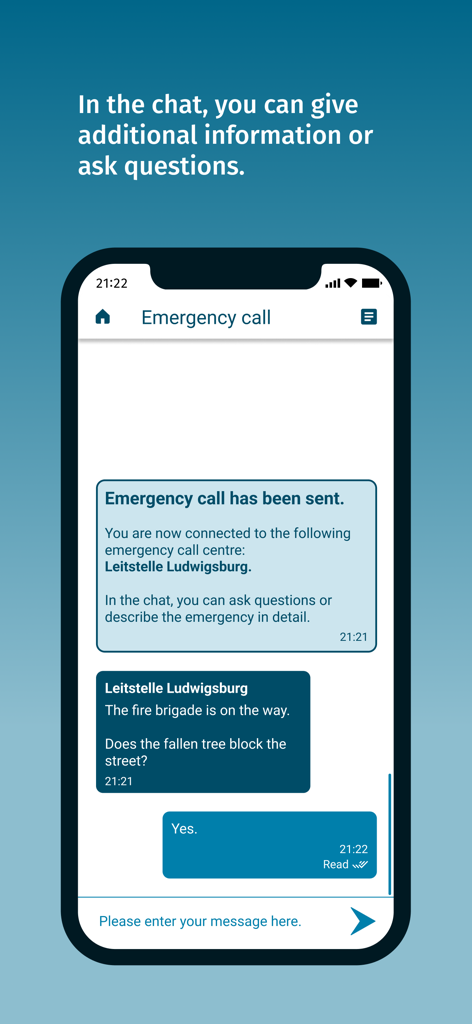 nora - Emergency Call App - The chat screen of the nora emergency call app showing a message exchange with an emergency dispatcher.