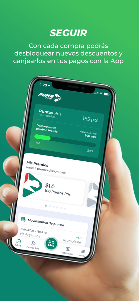 Puma PRIS (PA) - Puma PRIS App-Oberfläche, die Treuepunkte und Prämien für Kraftstoff und Convenience-Store-Produkte anzeigt.