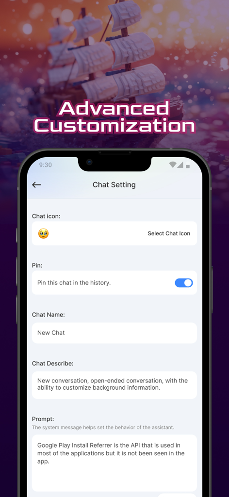 Schermata dell'app AI Box che mostra opzioni di personalizzazione avanzate per la chat, inclusi prompt personalizzati e icone di chat