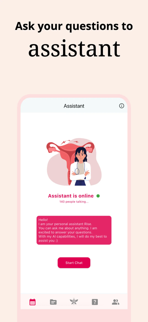 Rise, Period Tracker, Calendar - AI Health Assistant chat screen in the Rise period tracker app