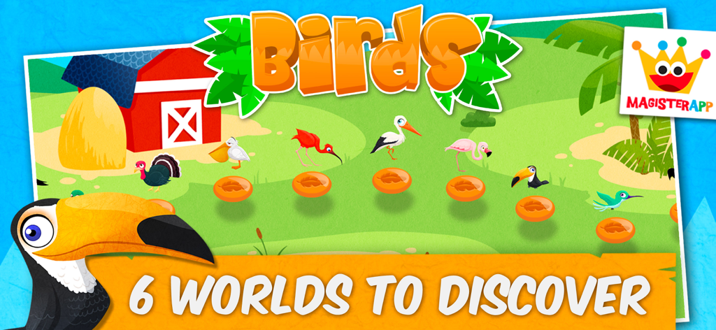 Birds: Puzzles & Games Kids 2+ - Menu principal coloré de l'application éducative Oiseaux montrant six mondes à découvrir pour les tout-petits